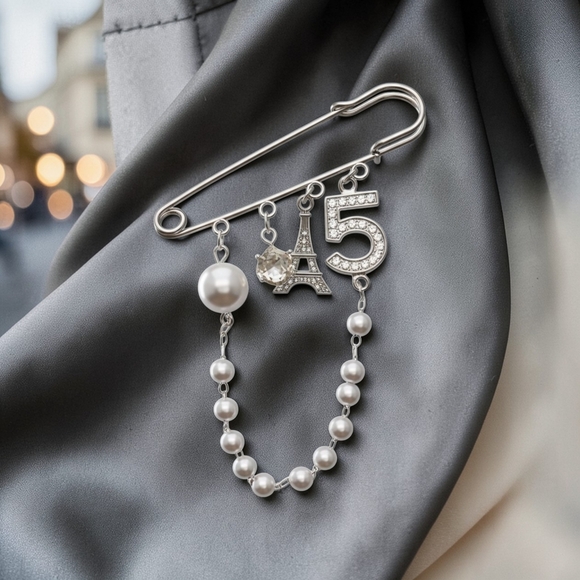 Pearl & Crystal Eiffel '5' Charm Safety Pin Brooch - Picture 4 of 4